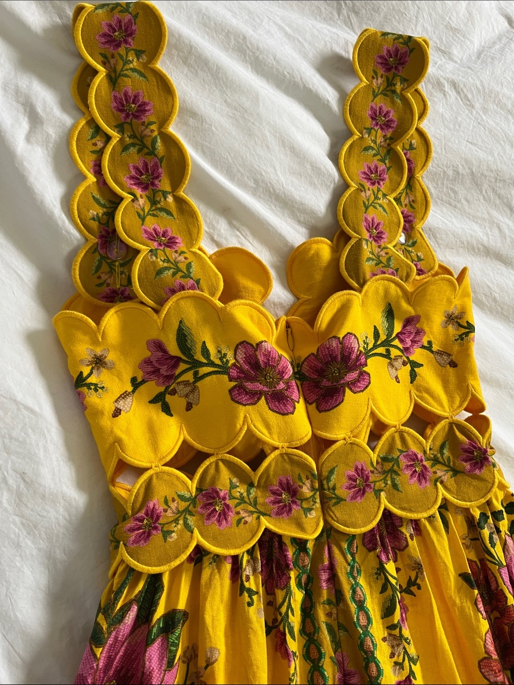 FARM Rio Yellow Summer Fruit Scarf Midi Dress pink floral cutout eyelet scallop - Picture 14 of 15